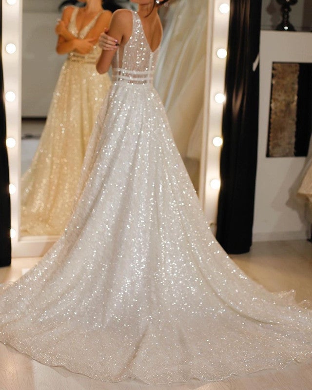 A-line Plunge Neck Wedding Dress Sequins
