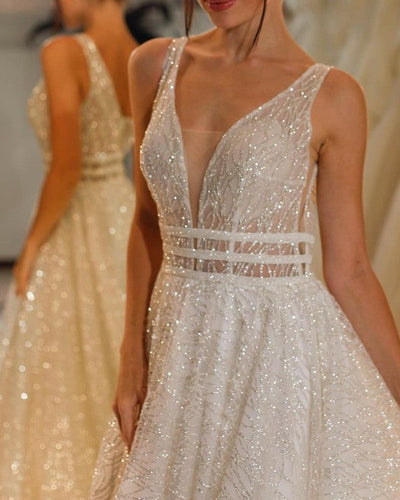 Sequins Wedding Dress Plunge Neck