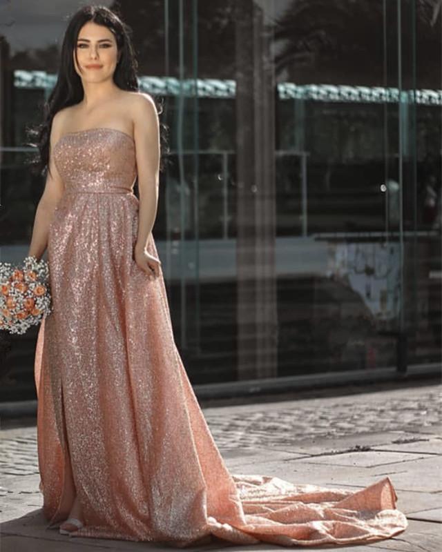 A-Line Rose Gold Strapless Split Dresses A-Line Rose Gold Strapless Split Dresses