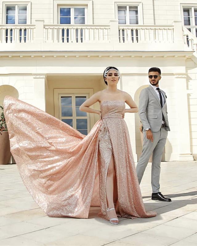 A-line Rose Gold Strapless Split Dresses A-line Rose Gold Strapless Split Dresses