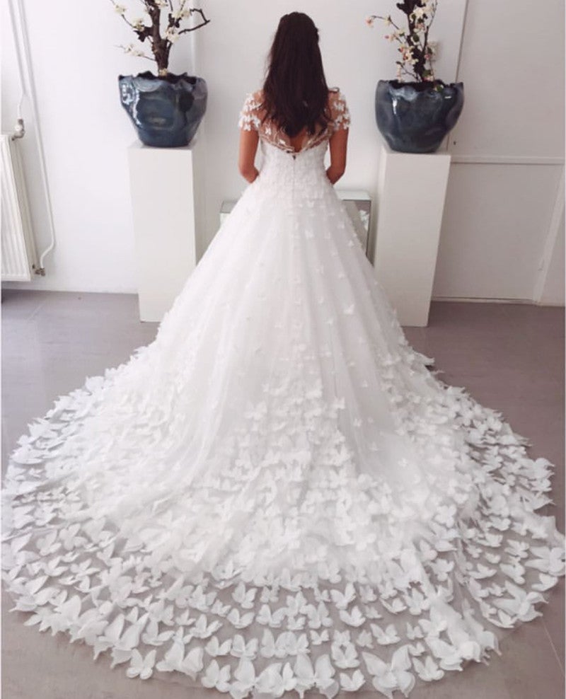 butterfly applique tulle a line wedding dress Short lace wedding dress with butterflies and tulle overlay
