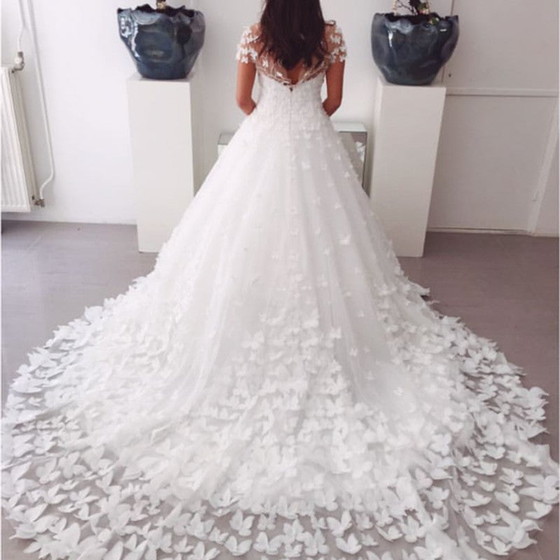 A-line Sweep Train Butterfly Wedding Dresses Lace Cap Sleeves-alinanova