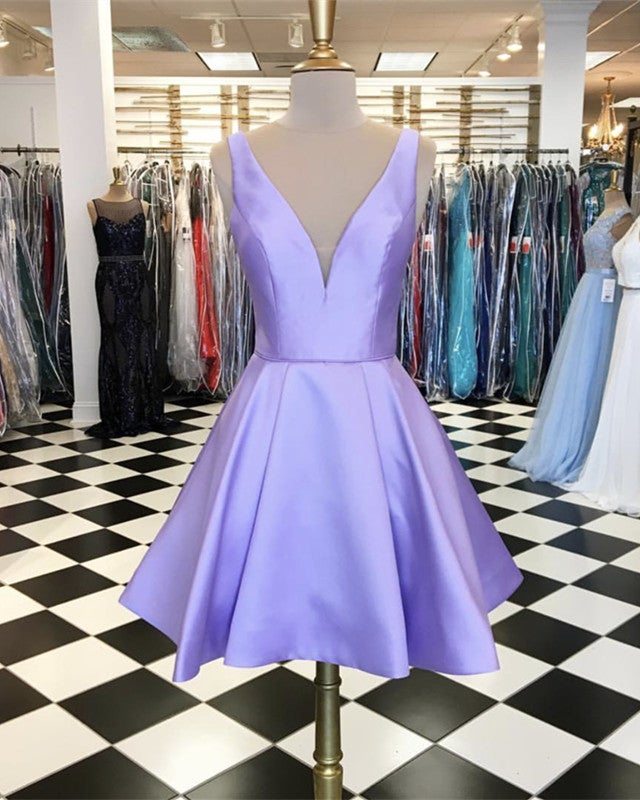 A-line V-neck Satin Homecoming Dresses Short Prom Gowns A-line V-neck Satin Homecoming Dresses Short Prom Gowns