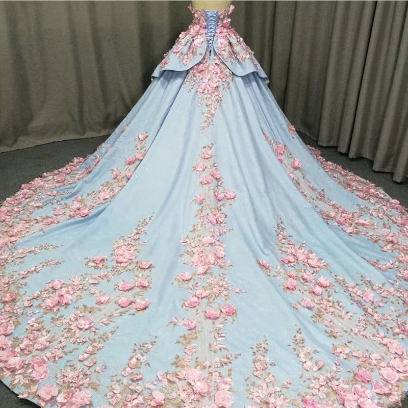 blue and pink wedding dresses Strapless Floral Wedding Dress Blue & Pink Bicolor Tulle Wedding Gown SELINADRESS