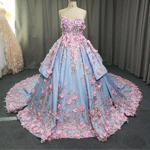 Amazing 3D Floral Lace Flower Satin Wedding Dresses Sweetheart Ball Gowns-alinanova