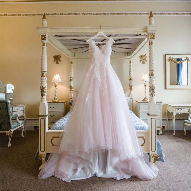 Vintage V Neck Lace Appliques Blush Pink Tulle Wedding Dresses – alinanova