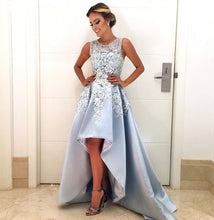 Load image into Gallery viewer, Amazing Lace Cap Sleeves Satin Prom Dresses Front Short Long In The Back
