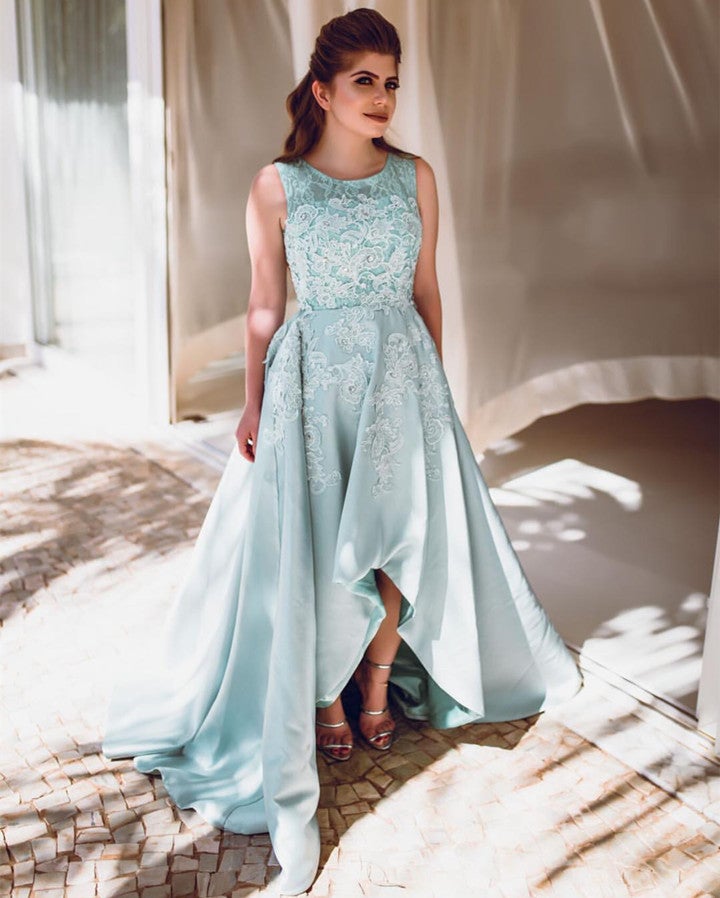chinese dress ladies Lace Cap Sleeves Satin High Low Prom Dresses For Homecoming Party
