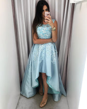 Load image into Gallery viewer, Amazing Lace Cap Sleeves Satin Prom Dresses Front Short Long In The Back
