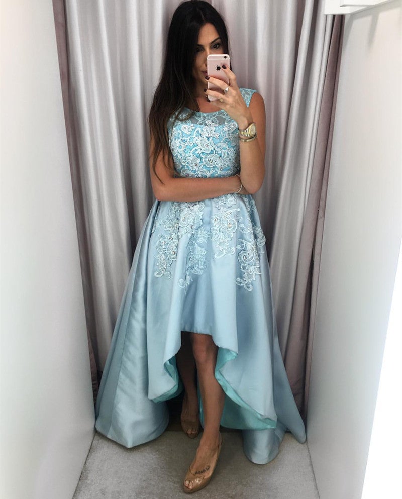 cap sleeve prom dress Lace Cap Sleeves Satin High Low Prom Dresses For Homecoming Party –  alinanova