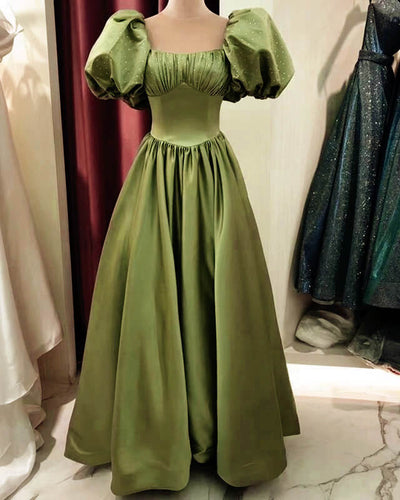 Army Green Prom Dresses Ball Gown Satin Puffy Sleeves-alinanova
