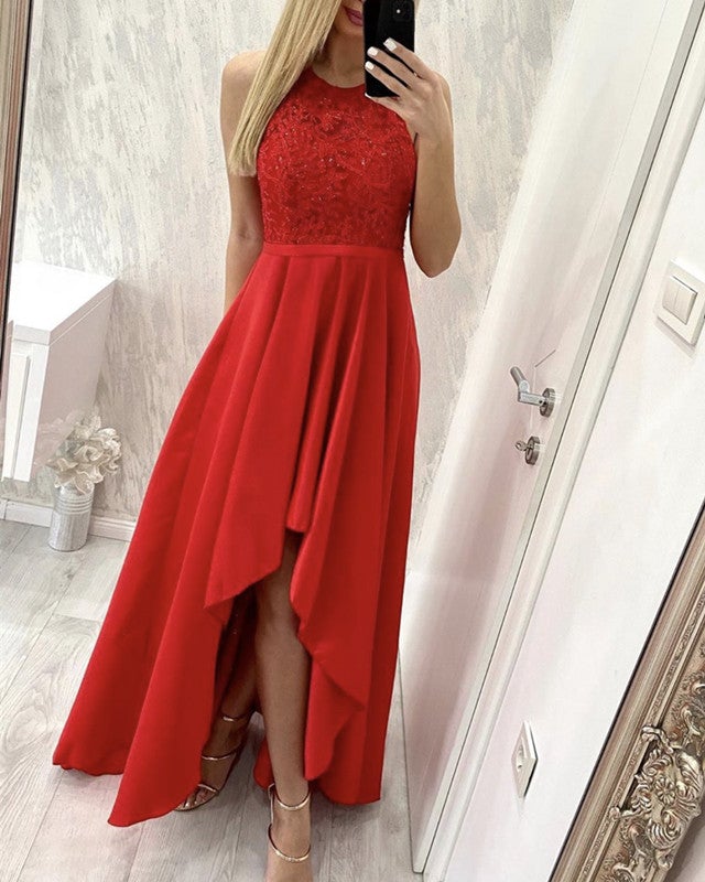 Asymmetric Prom Dresses Lace Halter Open Back alinanova Asymmetric Prom Dresses Lace Halter Open Back alinanova