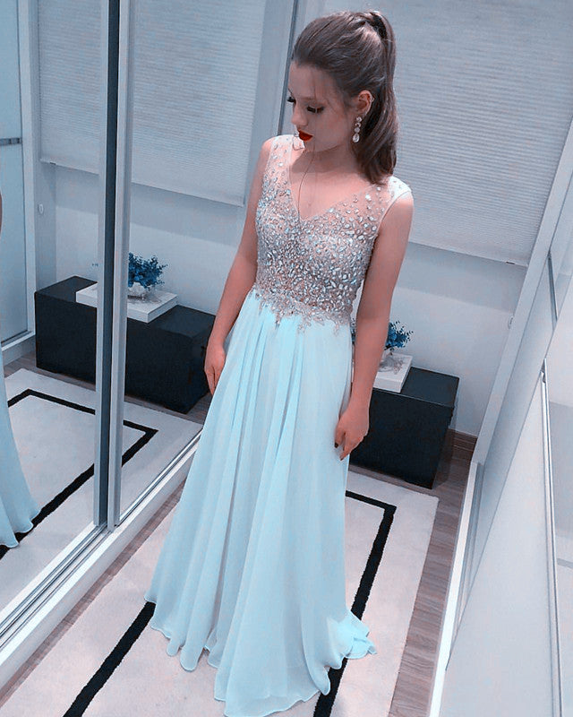 Long Chiffon Beaded V Neck Prom Dresses