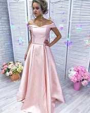Load image into Gallery viewer, Baby Pink Long Satin Off Shoulder Bridesmaid Dresses
