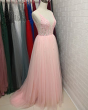 Load image into Gallery viewer, Tulle Split Dresses Crystal Beaded V Neck
