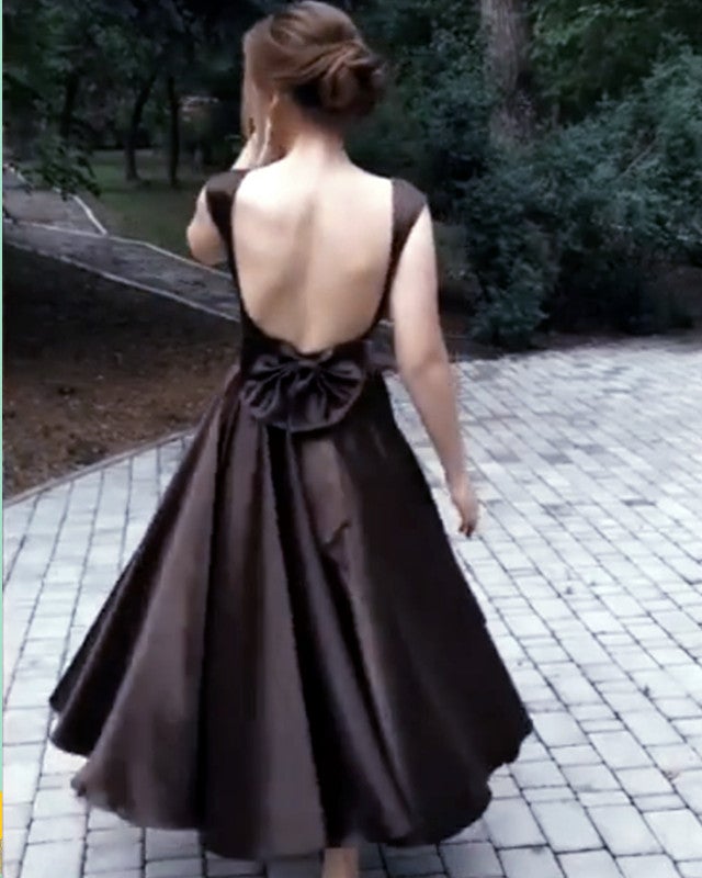 Ball Gown Bow Back Satin Party Dress Tea Length Ball Gown Bow Back Satin Party Dress Tea Length