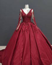 Load image into Gallery viewer, Ball Gown Long Sleeves Lace Appliques Satin V Neck Dresses-alinanova
