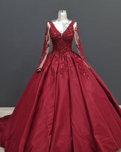 Ball Gown Long Sleeves Lace Appliques Satin V Neck Dresses-alinanova