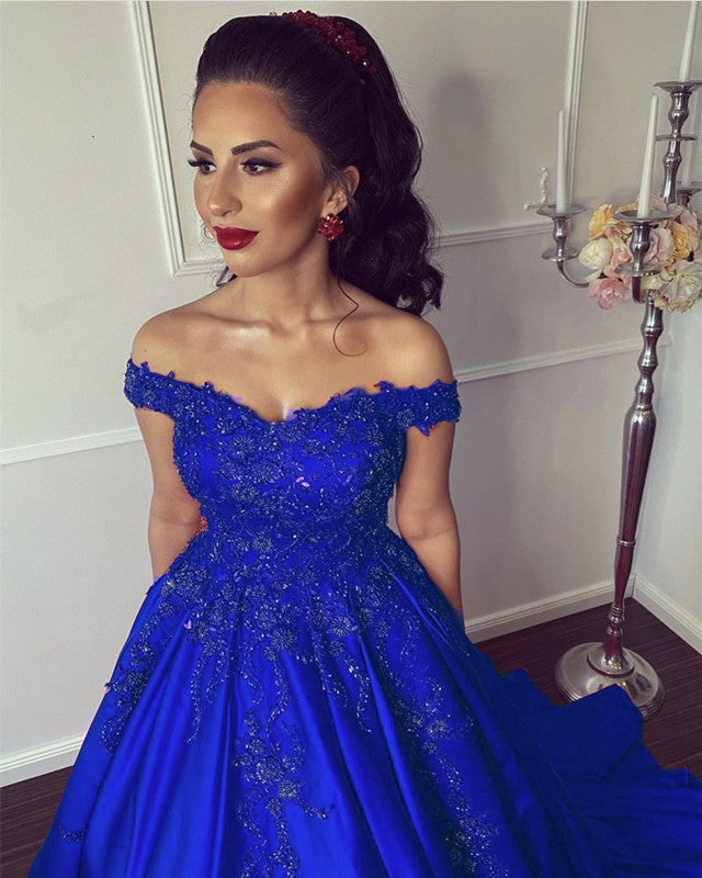 Ball Gown Off Shoulder Satin Dress Appliques Beaded alinanova Ball Gown Off Shoulder Satin Dress Appliques Beaded alinanova