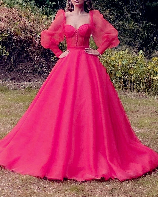 Ball Gown Organza Dresses Sweetheart Corset with Puffy Sleeves