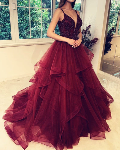 Burgundy Prom Ruffles Dresses