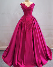 Load image into Gallery viewer, Ball Gown Prom Dresses Lace Beaded V Neck Off Shoulder
