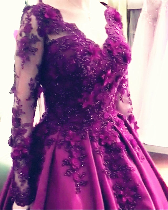 Long Sleeves Prom Dresses Ball Gown Lace Flowers Beaded – alinanova