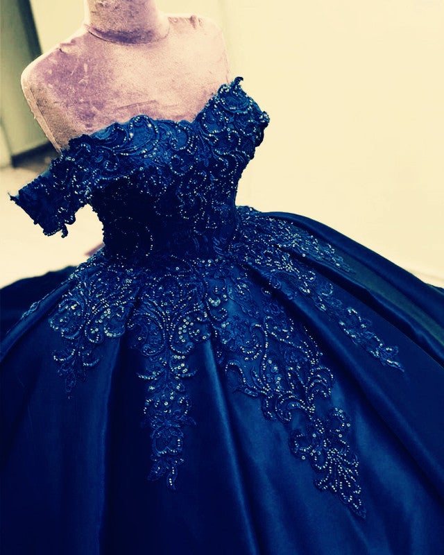 navy blue 15 dresses Ball Gown Quinceanera Dresses Lace Embroidery Beaded Off Shoulder