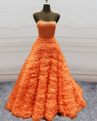 Ball Gown Ruffles Prom Dresses Orange