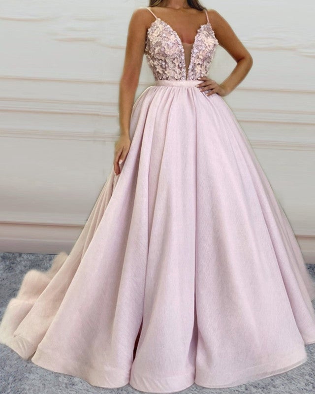 Ball Gown Satin Dresses Plunge Neck With 3D Floral Lace-alinanova
