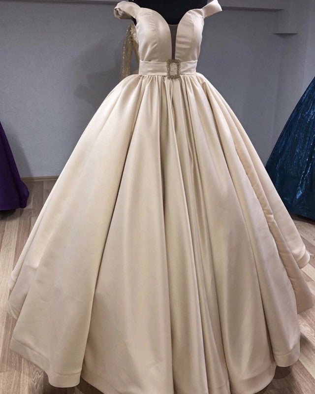 Ball Gown Satin Off The Shoulder Dresses With Belt-alinanova