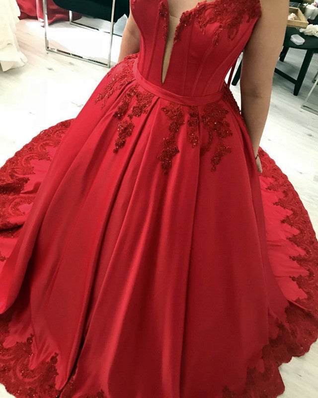 open lace back dress Red Prom Dresses Satin Beaded Ball Gown with Pockets