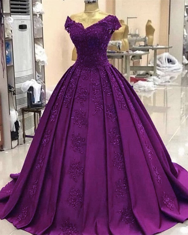 Ball Gown Princess Prom Dresses Satin Floor Length Lace V Neck – alinanova