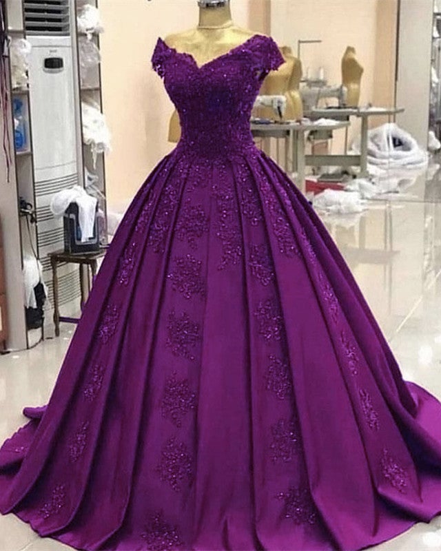 Ball Gown Satin Prom Dresses Lace V Neck