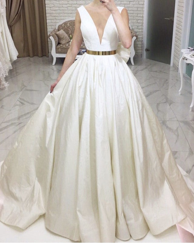 Ball Gown Satin V Neck Wedding Dresses With Belt Ball Gown Satin V Neck Wedding Dresses With Belt