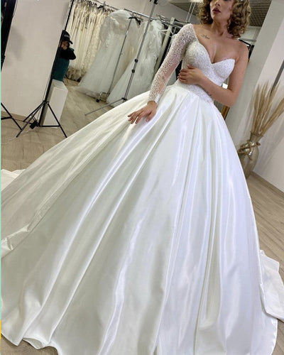 Ball Gown Satin Wedding Dress One Shoulder With Sparkles-alinanova