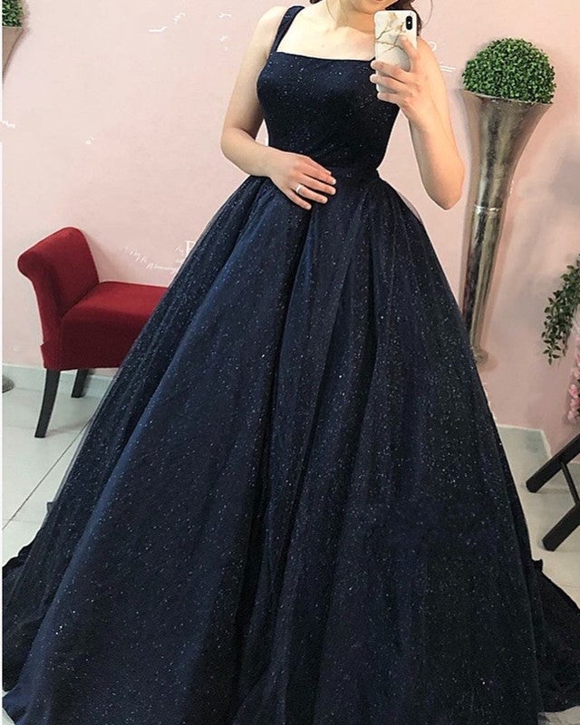 Navy Blue Ball Gown Sequins Dresses