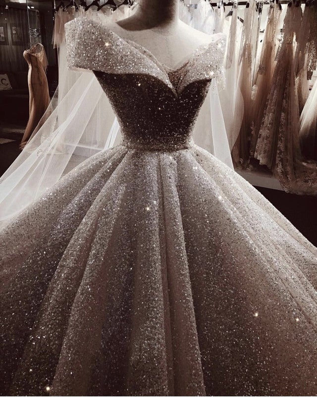 sparkly flowy wedding dresses Classic Long A-line Off-the-shoulder Sweetheart Appliques Glitter Wedding Dress