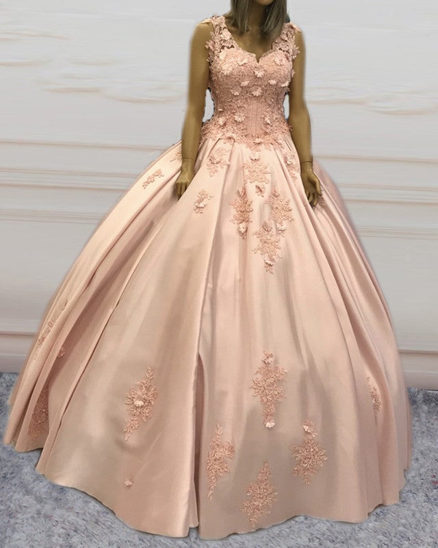 Ball Gown V Neck Satin Quinceanera Dresses with 3D Flowers Ball Gown V Neck Satin Quinceanera Dresses with 3D Flowers