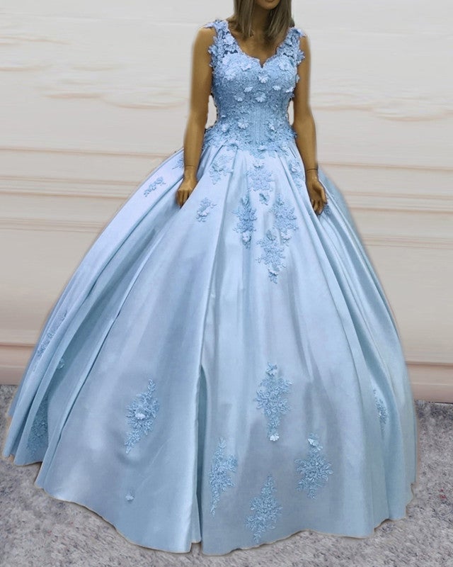 Ball Gown V Neck Satin Quinceanera Dresses With 3D Flowers-alinanova