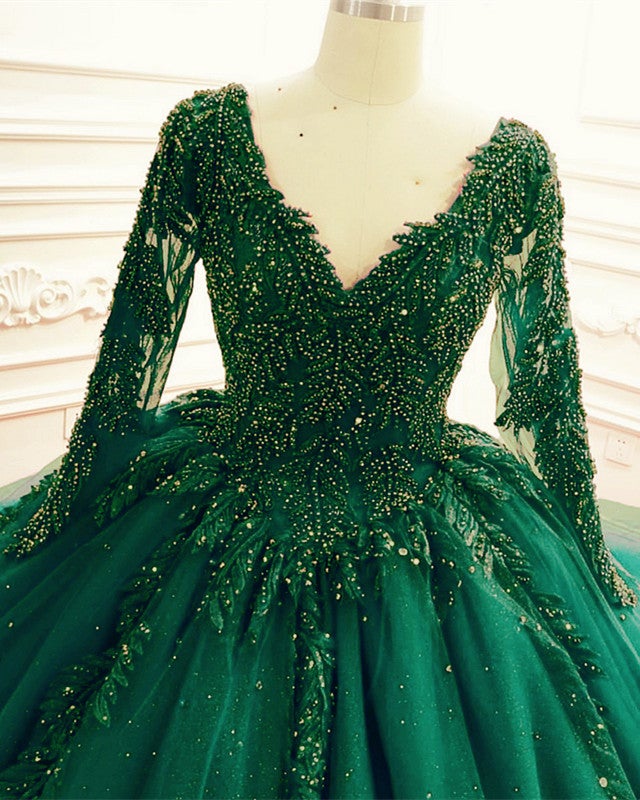 Ball Gown Wedding Dress Long Sleeves Lace Beaded V Neck Ball Gown Wedding Dress Long Sleeves Lace Beaded V Neck