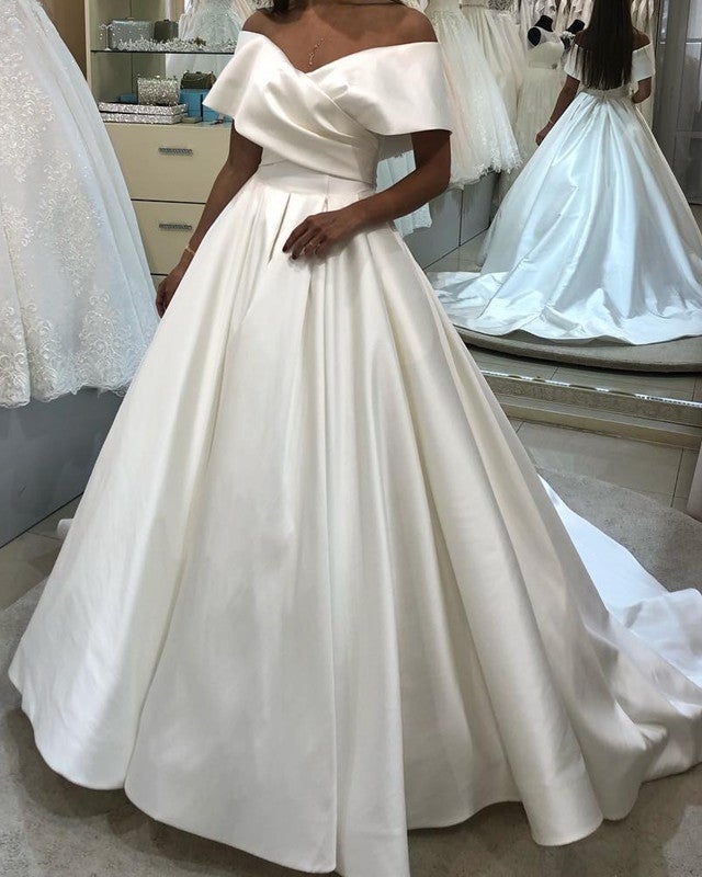 Ball Gown Wedding Dress Satin V Neck Off Shoulder