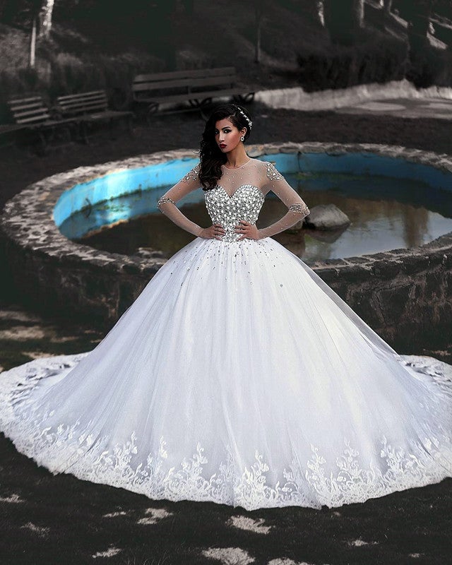 Ball Gown Wedding Dresses Crystal Beaded with Long Sleeves