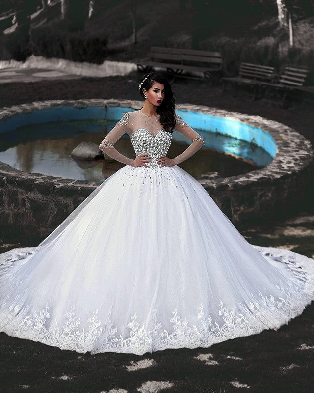 Ball Gown Wedding Dresses Crystal Beaded With Long Sleeves-alinanova