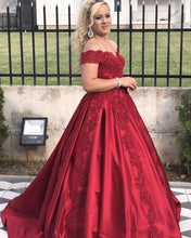Load image into Gallery viewer, Ballgowns Off-The-Shoulder Satin Prom Dresses Lace Appliques-alinanova
