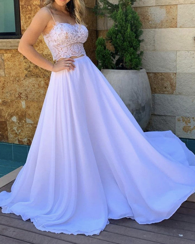 Chiffon Beach Wedding Dresses Two Piece Lace Crop