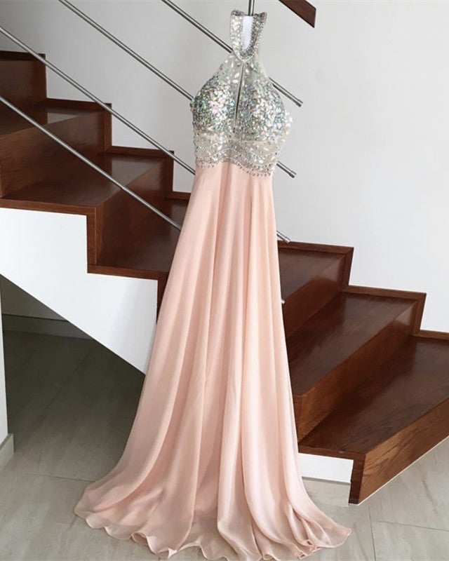 Long Chiffon Pink Prom Dresses Halter Top