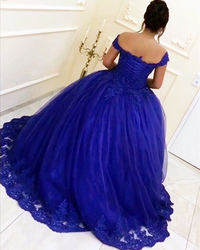 Royal Blue Quinceanera Dresses Beaded Lace Off Shoulder Tulle Ball Gowns –  alinanova