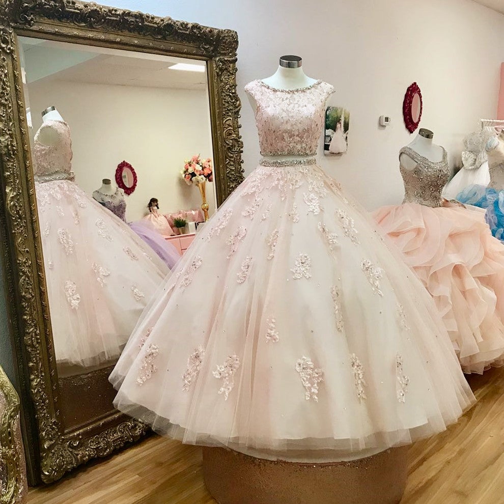Beaded Scoop Neckline Lace Crop Tulle Ball Gowns Quinceanera Dresses Two Piece Beaded Scoop Neckline Lace Crop Tulle Ball Gowns Quinceanera Dresses Two Piece