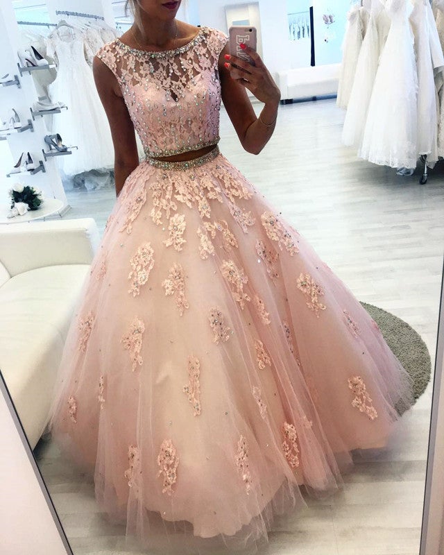 Beaded Scoop Neckline Lace Crop Tulle Ball Gowns Quinceanera Dresses Two Piece-alinanova